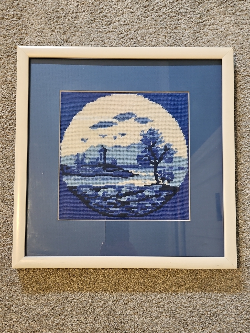 Blue Framed Cross-Stitch Landscape Wall Art